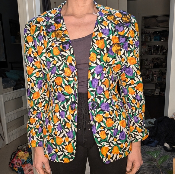 Perfect Vintage Silk Floral Beaded and Purple 80s Reversible Blazer sz M? - Picture 1 of 12